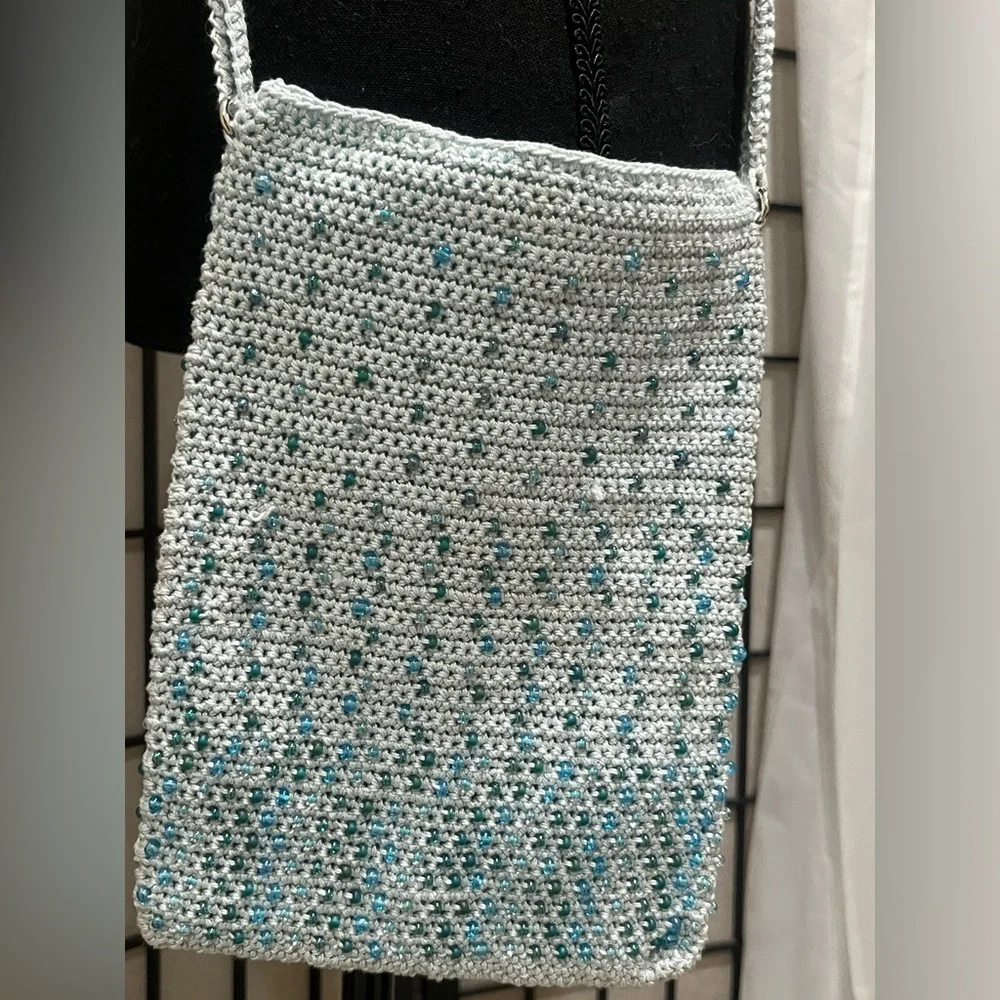 Beaded CROCHET BAGE, in Light Blue, BOHO, HIPPIE, 10x 7 with 21” drop strap.